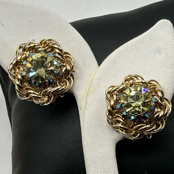Vintage Hobe Jonquil Rhinestone Rope Border Earrings - Picture 1 of 8